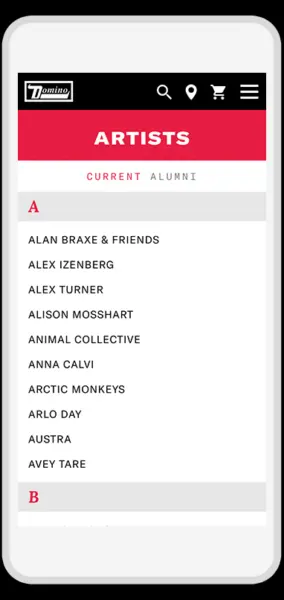 Domino Records website artist mobile page design