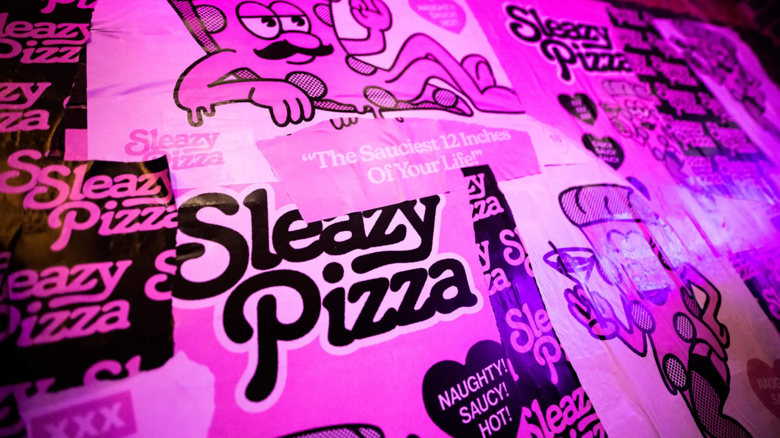 Mural design, logo design and brand identity design for Sleazy Pizza restaurant in East London