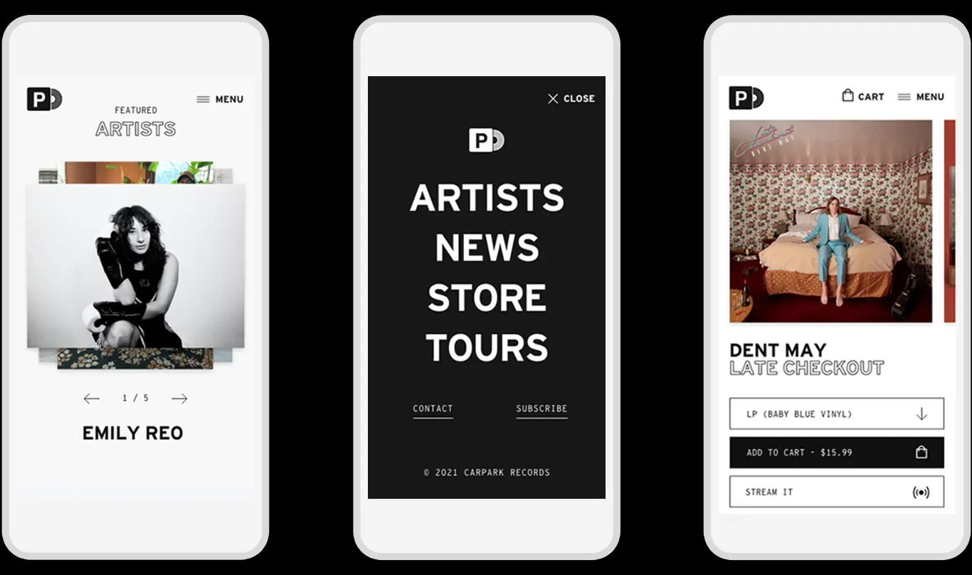Carpark Records brand identity and mobile music website e-commerce store design