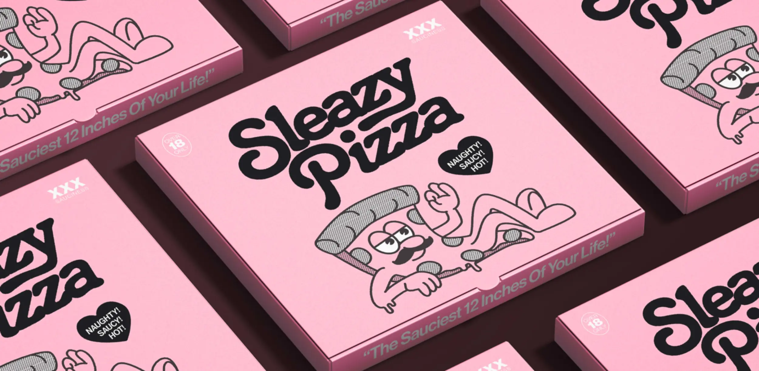 Custom food packaging, logo design and brand identity design for Sleazy Pizza restaurant in East London