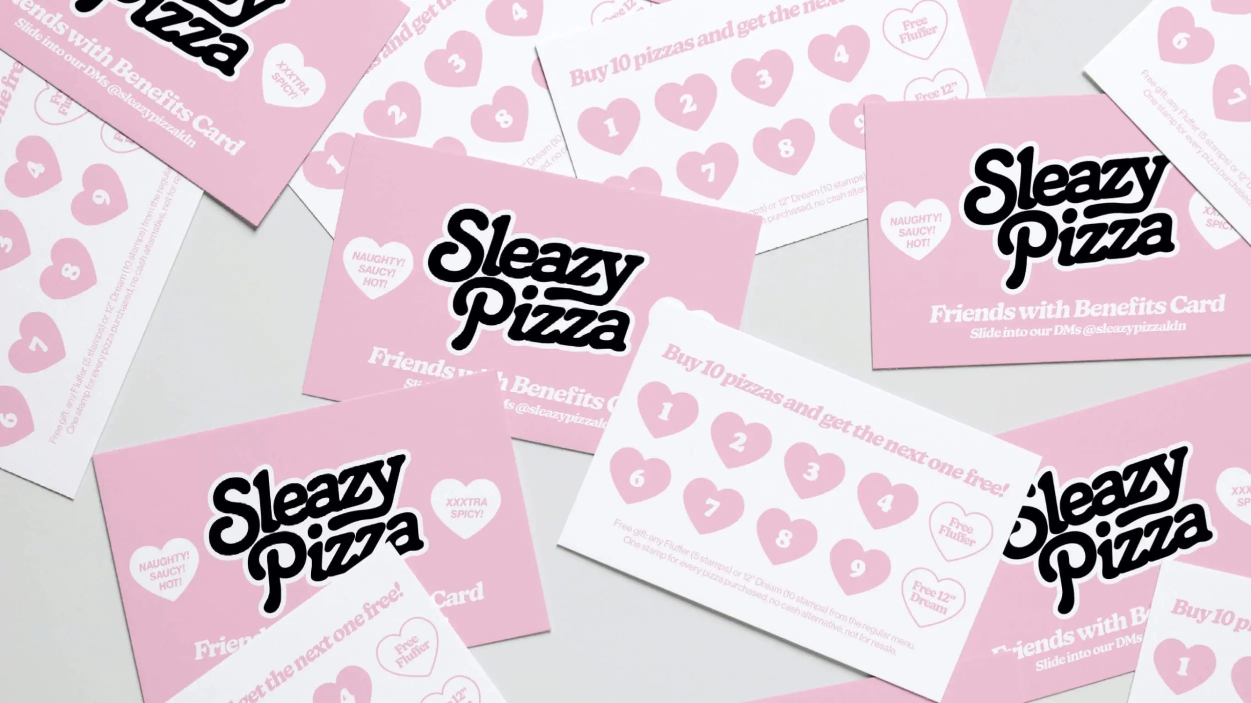 Loyalty card design, logo design and brand identity design for Sleazy Pizza restaurant in East London