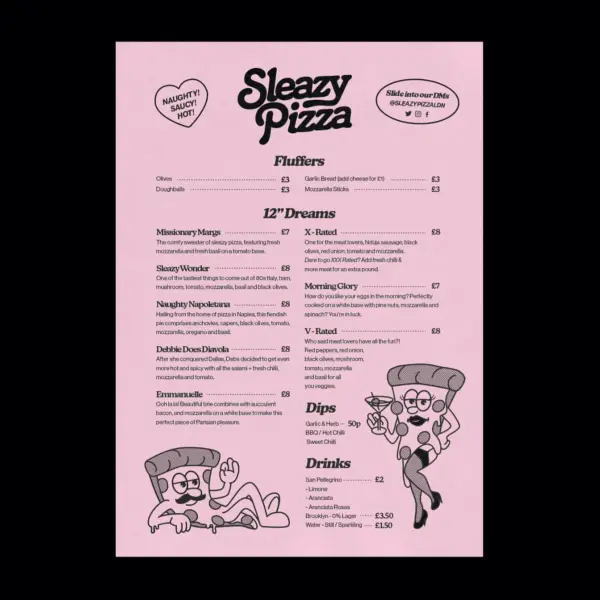 Menu design, logo design and brand identity design for Sleazy Pizza restaurant in East London