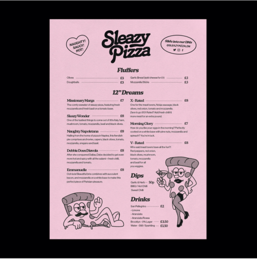 Menu design, logo and brand identity design for Sleazy Pizza