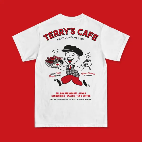 T-Shirt merch design, custom illustration, brand identity and logo design for Terry's Cafe in South London