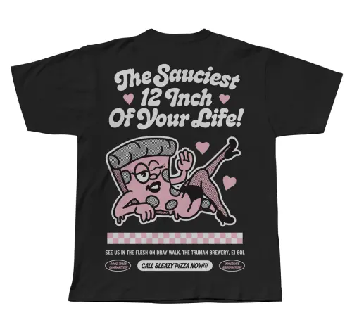 T-shirt merch design, logo design and brand identity design for Sleazy Pizza restaurant in East London