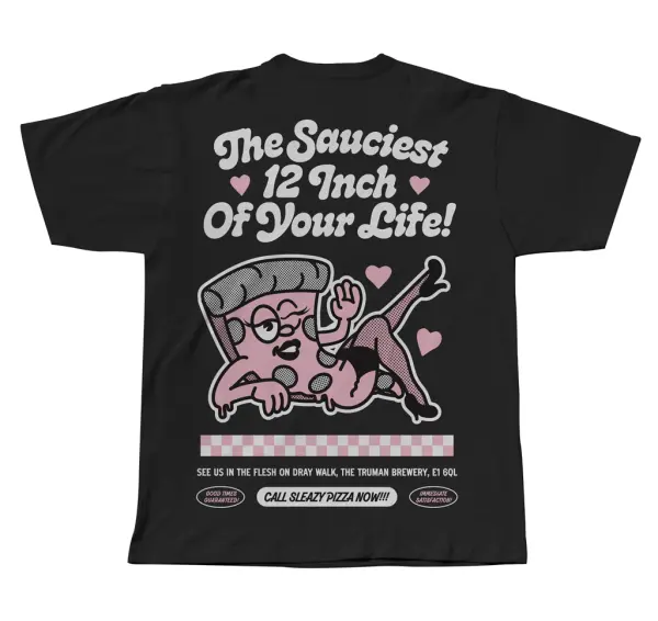T-shirt merch design, logo design and brand identity design for Sleazy Pizza restaurant in East London