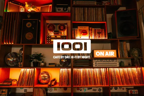 Cafe 1001 logo and brand identity design with bespoke vinyl record shelving