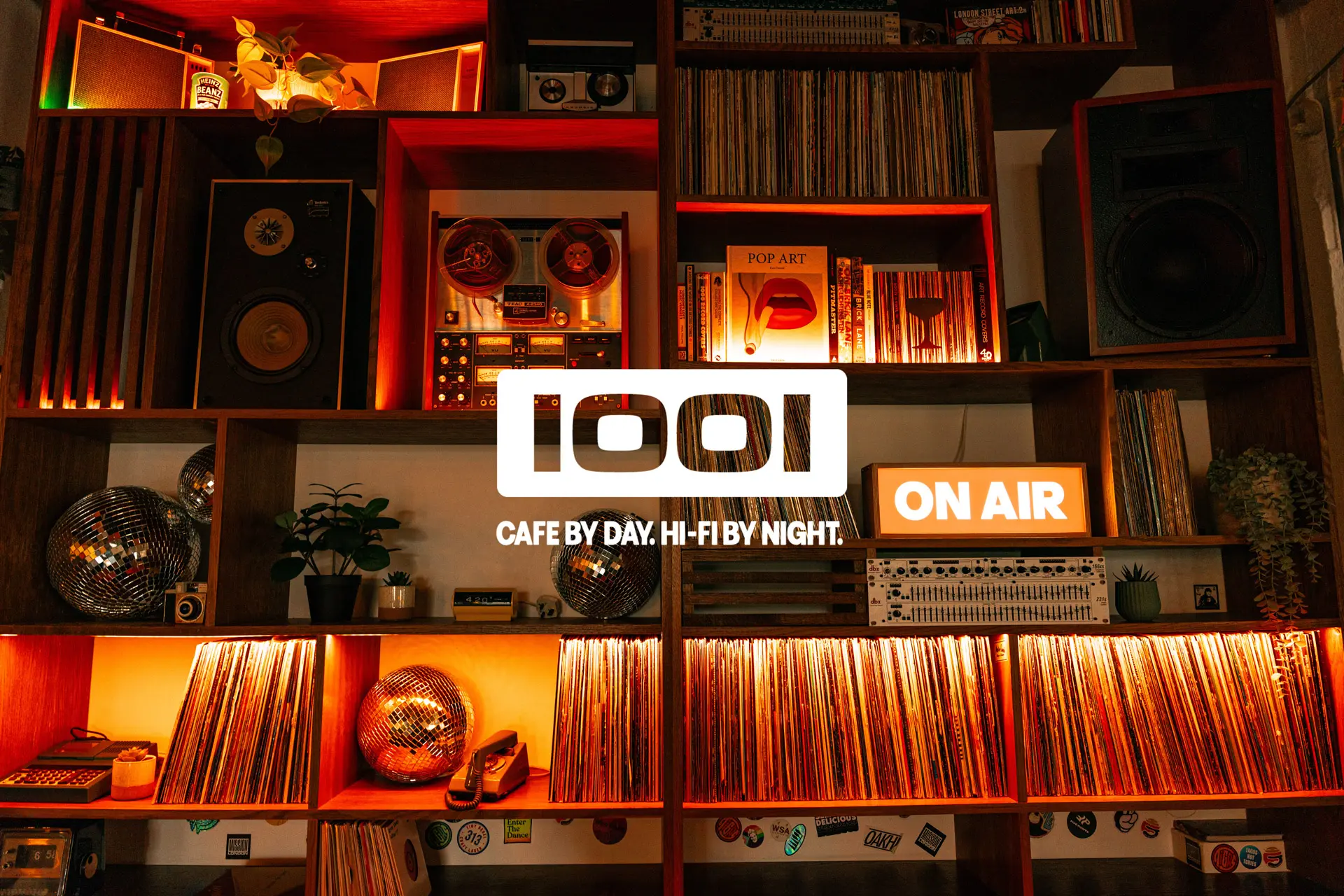 Cafe 1001 logo and brand identity design with bespoke vinyl record shelving