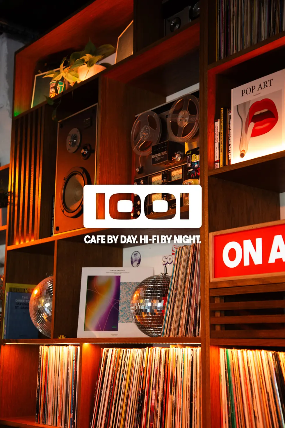 Cafe 1001 logo design and bespoke vinyl record shelving
