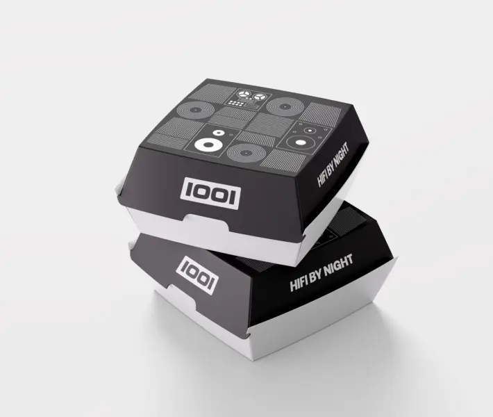 Cafe 1001 minimal black and white custom burger packaging brand identity design East London