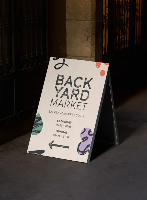 Custom A Frame signage design for Back Yard Market in Shoreditch on Brick Lane
