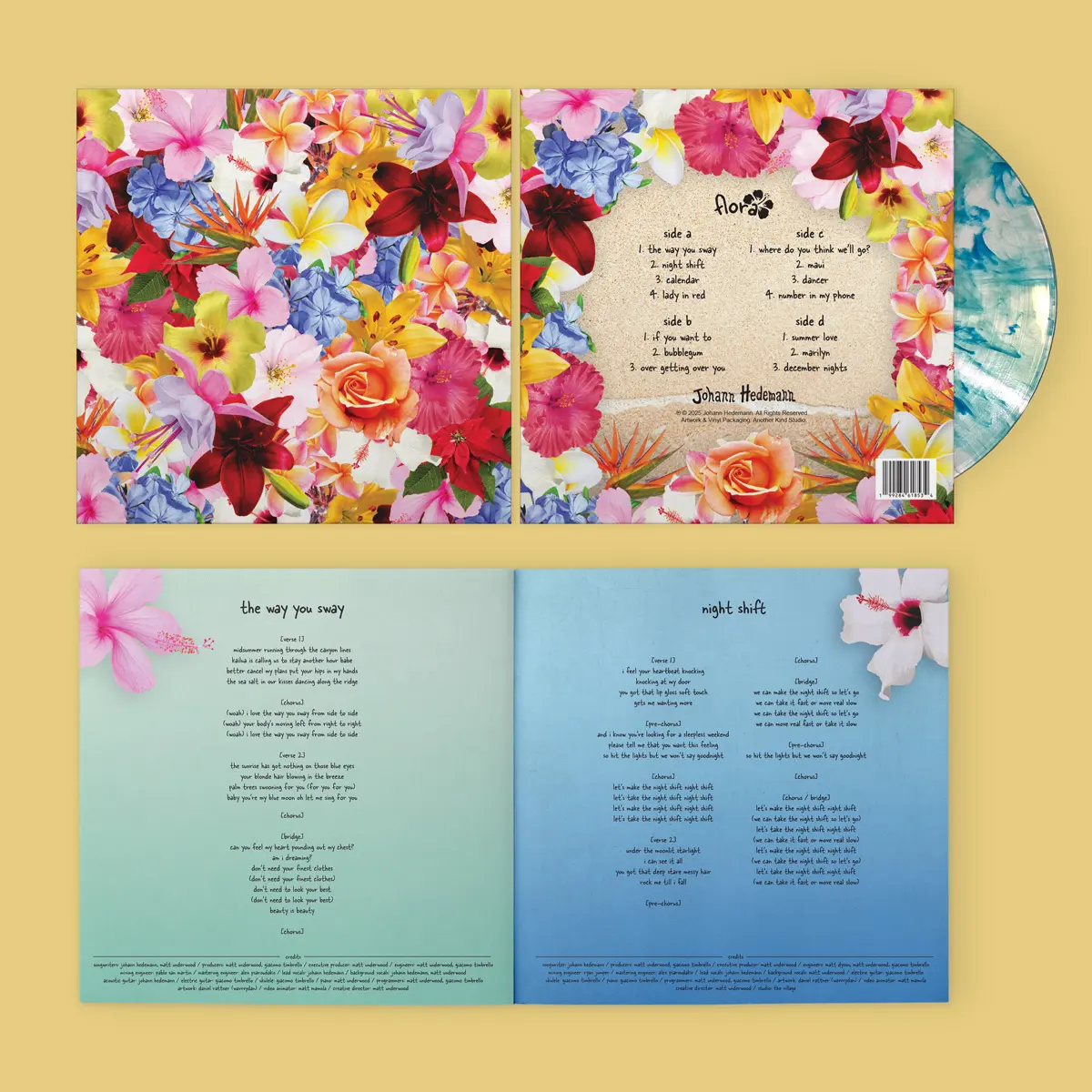 Floral gate fold vinyl album cover design and splatter vinyl for "Johann Hedemann – Flora"