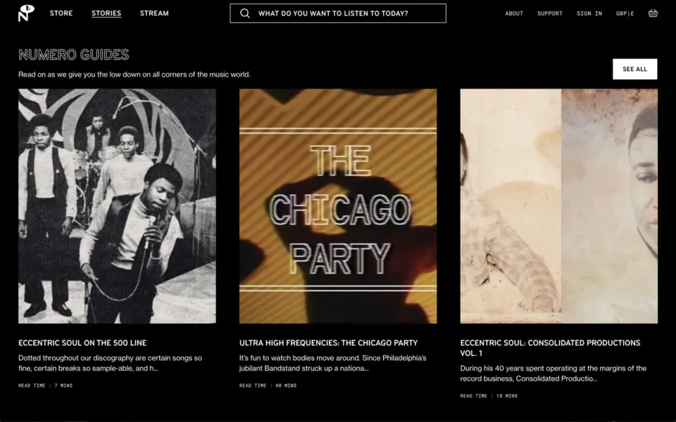 Numero Group long form article news blog page website design