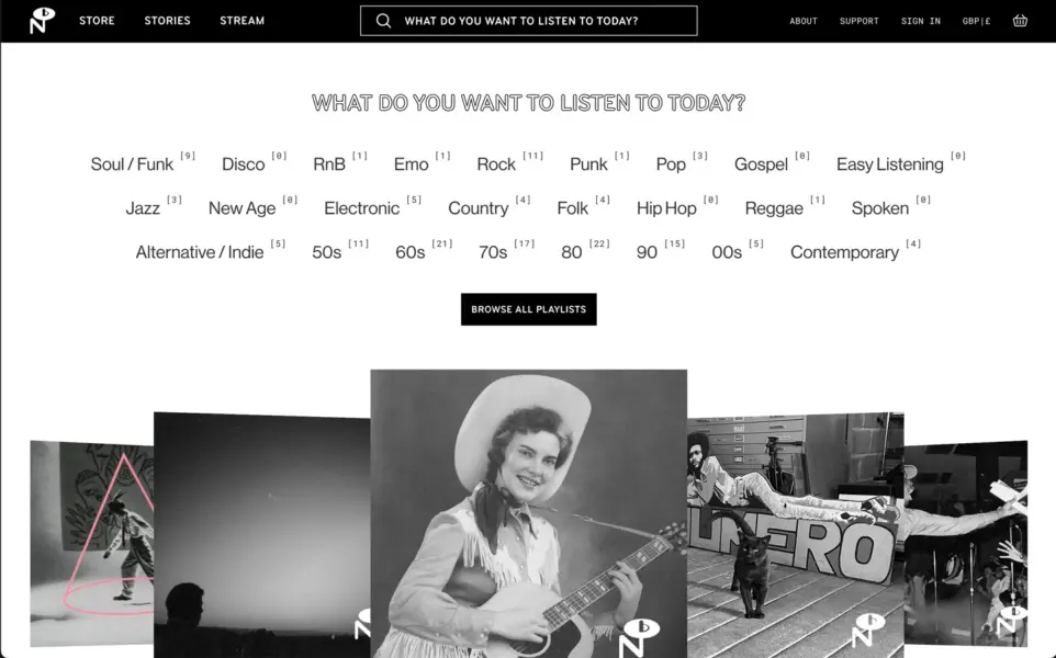 Numero Group streaming cover flow packshot page website design