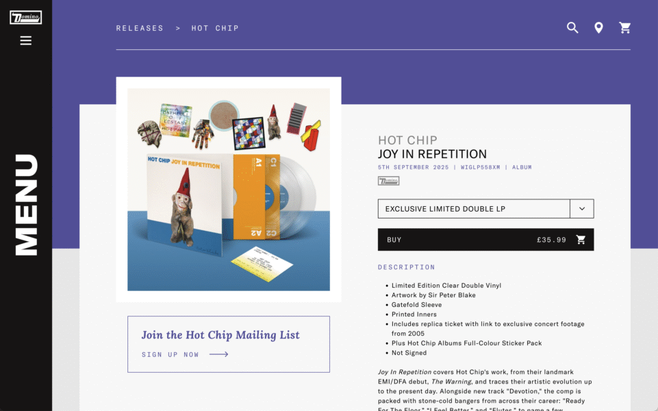 Domino Records website individual release e-commerce page design