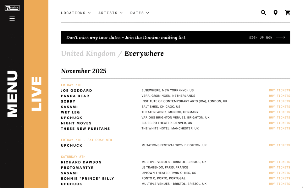 Domino Records website live tour page design