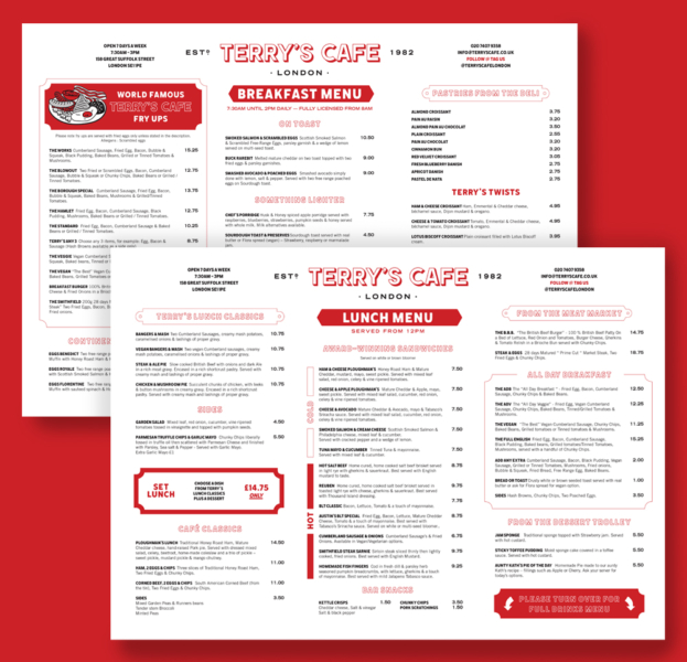 Terry's Cafe menu designs