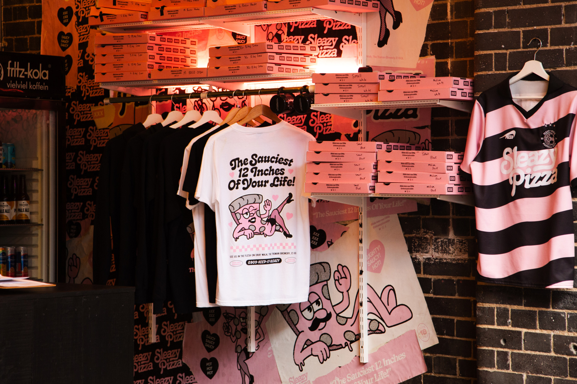 T-shirt merch design, pizza box design, logo design and brand identity design for Sleazy Pizza restaurant in East London
