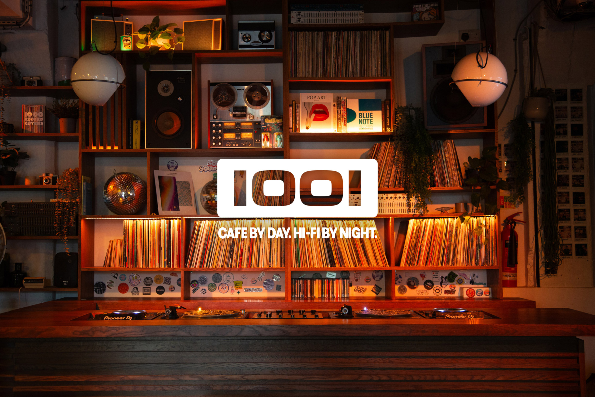 Cafe 1001 logo design and bespoke vinyl record shelving