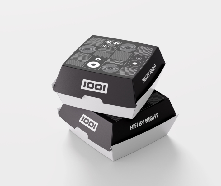 Cafe 1001 minimal black and white custom burger packaging brand identity design East London