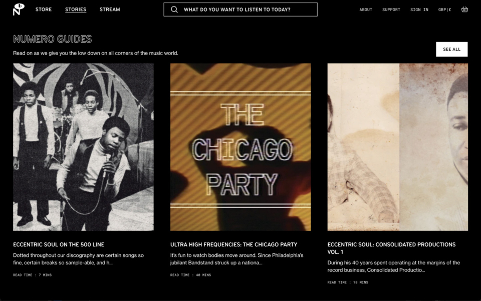 Numero Group long form article news blog page website design